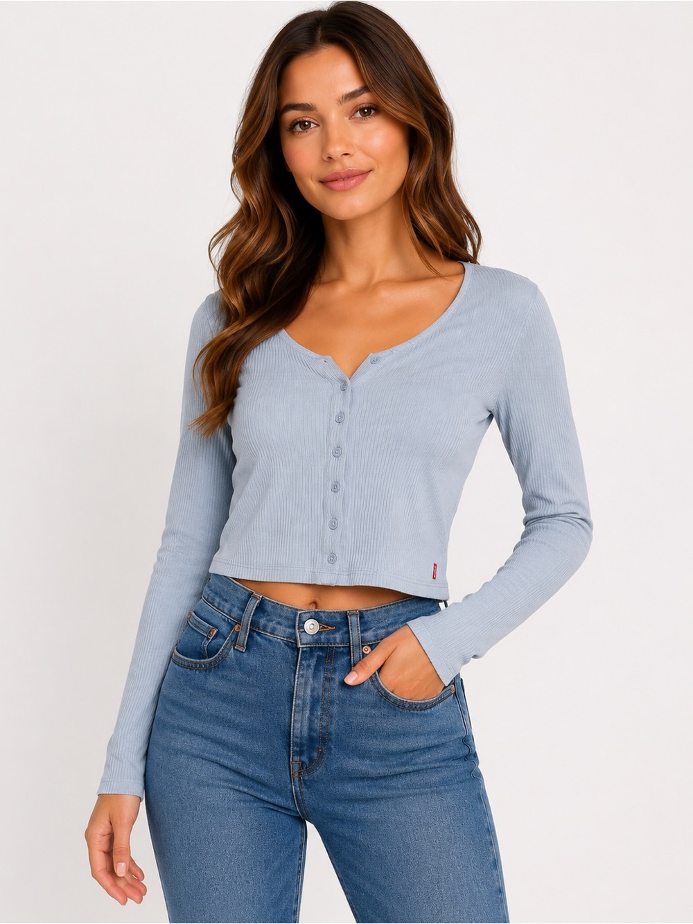 Levis Ribbed Henley Top XL Light Blue Button Front Long Sleeve Crop Shirt